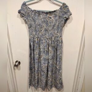 Old Navy Smocked Bodice Off Shoulder Blue Paisley Print Midi Dress Sz L Coquette